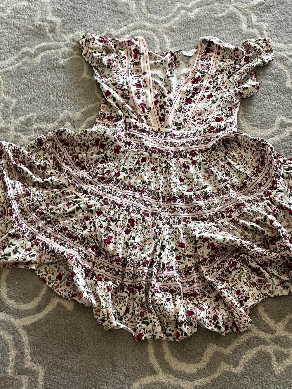 Patrons of Peace Cream Floral Midi Dress with Pink and Red Accents